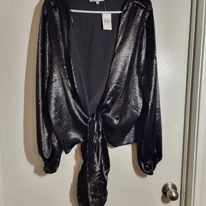 Black satin tie front crop top